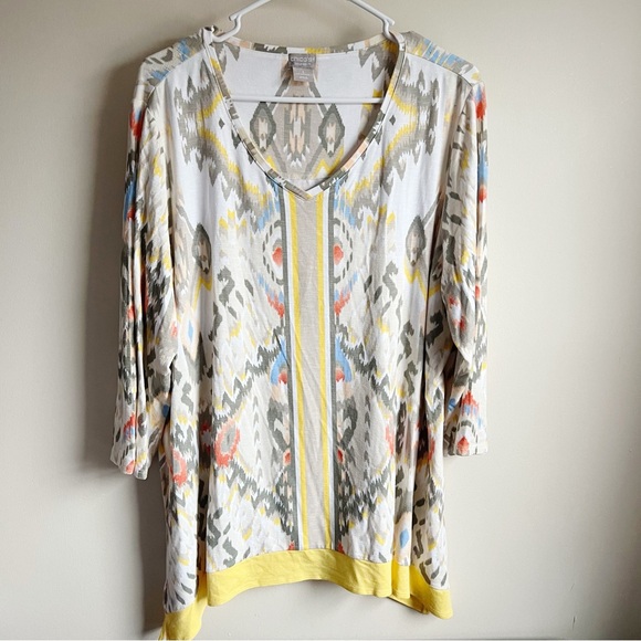 Chicos Zenergy Ikat Trimmed Border White Yellow Patterned Tunic Blouse 3 - Picture 2 of 6